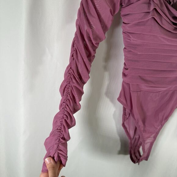 Princess Polly Bodysuit Women's 4 Pink Mesh Ruched Square Neck Long Sleeve - Picture 4 of 12